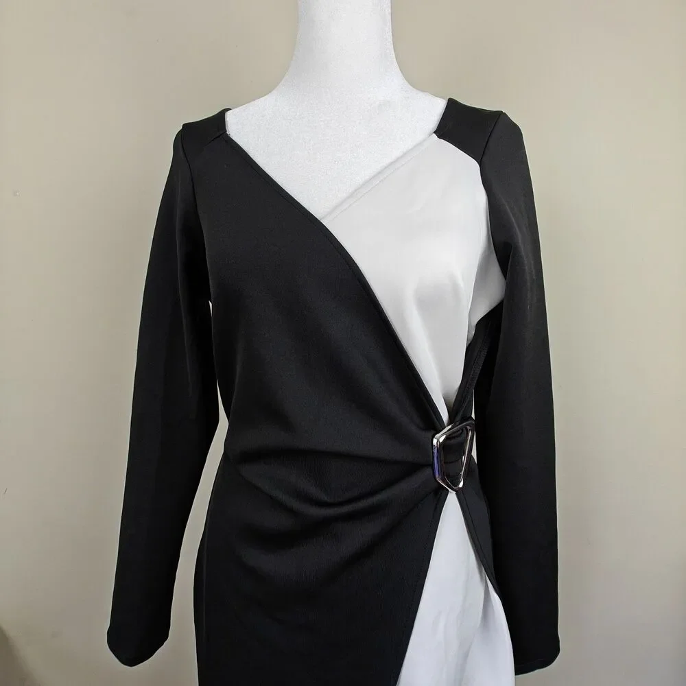 ASOS Buckle Waist Long Sleeve Dress Women's 8 US Monochrome Black White - Picture 2 of 9